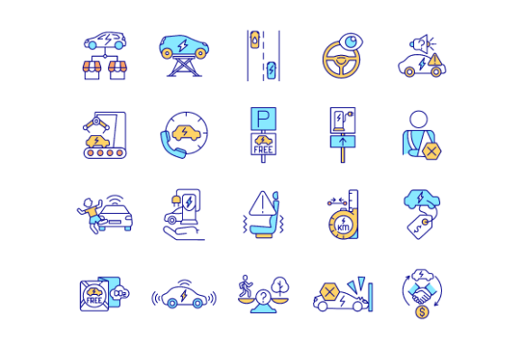 EV Features RGB Color Icons Bundle: Visualizing the Future of Sustainable Mobility