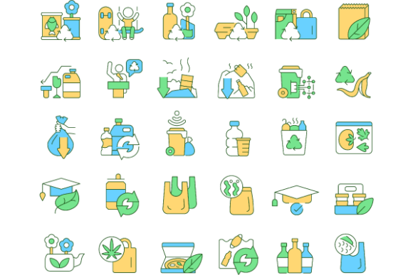 Waste Recycling Color Icons Bundle: Visual Tools for Sustainable Design
